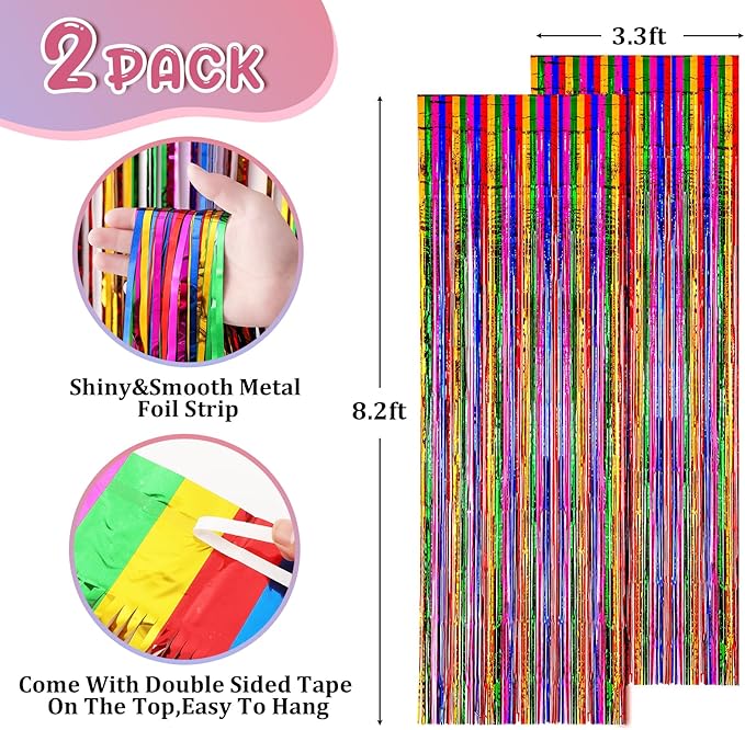 2 Pack 3.3x8.2 Feet Rainbow Foil Fringe Backdrop Curtains, Tinsel Streamers Birthday Party Decorations, Fringe Backdrop for Graduation, Baby Shower, Gender Reveal, Disco Party