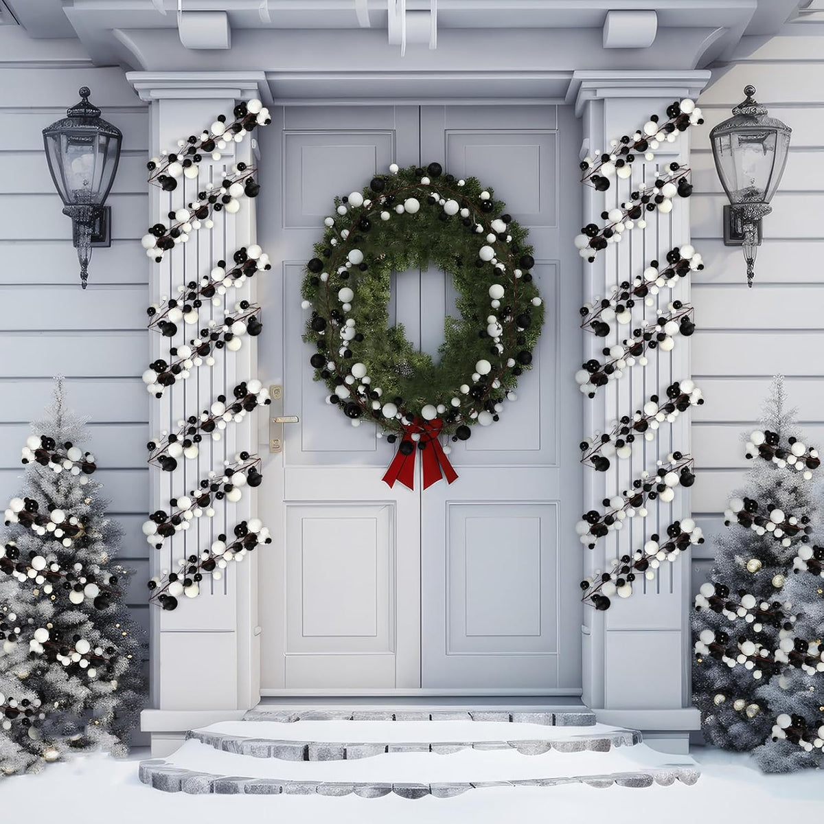 6 ft christmas ball ornament garland, black, white showing dimensions