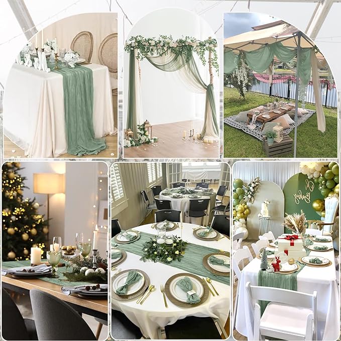 12 Pack Sage Green Table Runner Cheesecloth 35x120 Inch, 10Ft Boho Sheer Gauze Table Runner Cheese Cloth Runner for Wedding Baby Shower Fall Thanksgiving Home Decorations