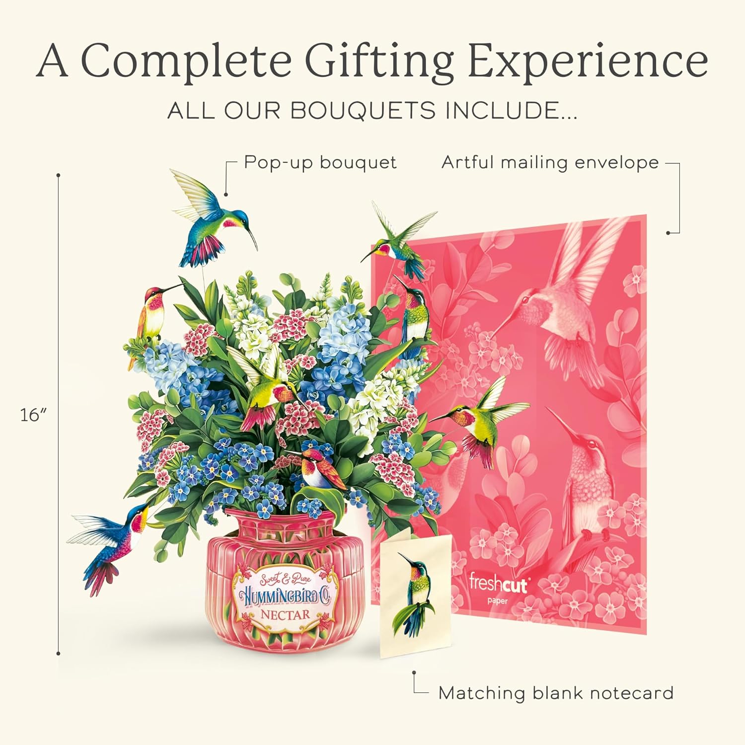 Freshcut Paper Pop Up Cards, Hummingbird Oasis, 12 Inch Life Sized Forever Flower Bouquet 3D Popup Greeting Card, Birthday Cards, Thank You Card, Blank Notecard & Envelope