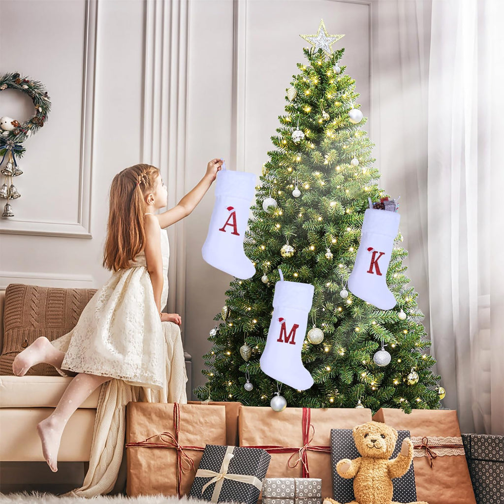 20 Inches Monogram Christmas Stockings with Letters, Large Super Soft Christmas Stockings White Velvet with Super Soft Plush Cuff for Xmas Tree Holiday Fireplace Red Letter J
