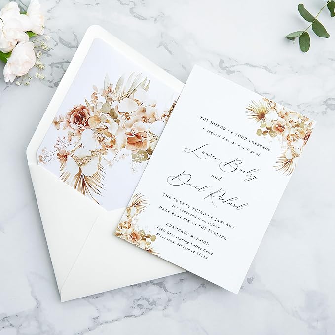 PONATIA 50PCS A7 Euro Flap Ivory Envelope, 5.25 x 7.25'' Boho Flowers Liner Envelopes for Wedding Invitations, Photos, Postcards, Greeting Cards, Acrylic Mailing, 5 x 7 Envelopes