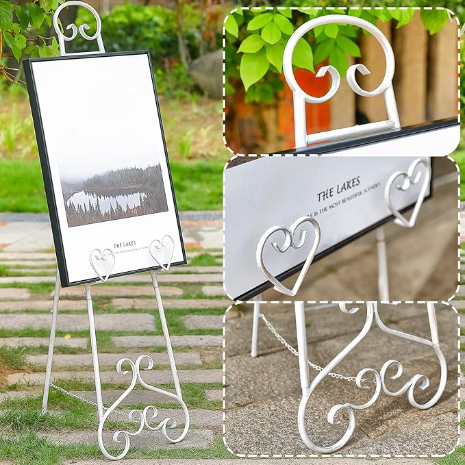 Extra Large Free Standing Adjustable Display Stand Easel with Chain Support, Retro White Decorative Metal Foldable Floor Standing Easel for Display Mirror Wedding Welcome Signs, 16.3" x 19.3" x 56"