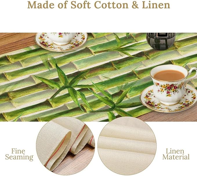 Bamboo Table Runner,Green Plant Print Table Runner for Kitchen Dining Table Home Party Decoration 13x90 Inch