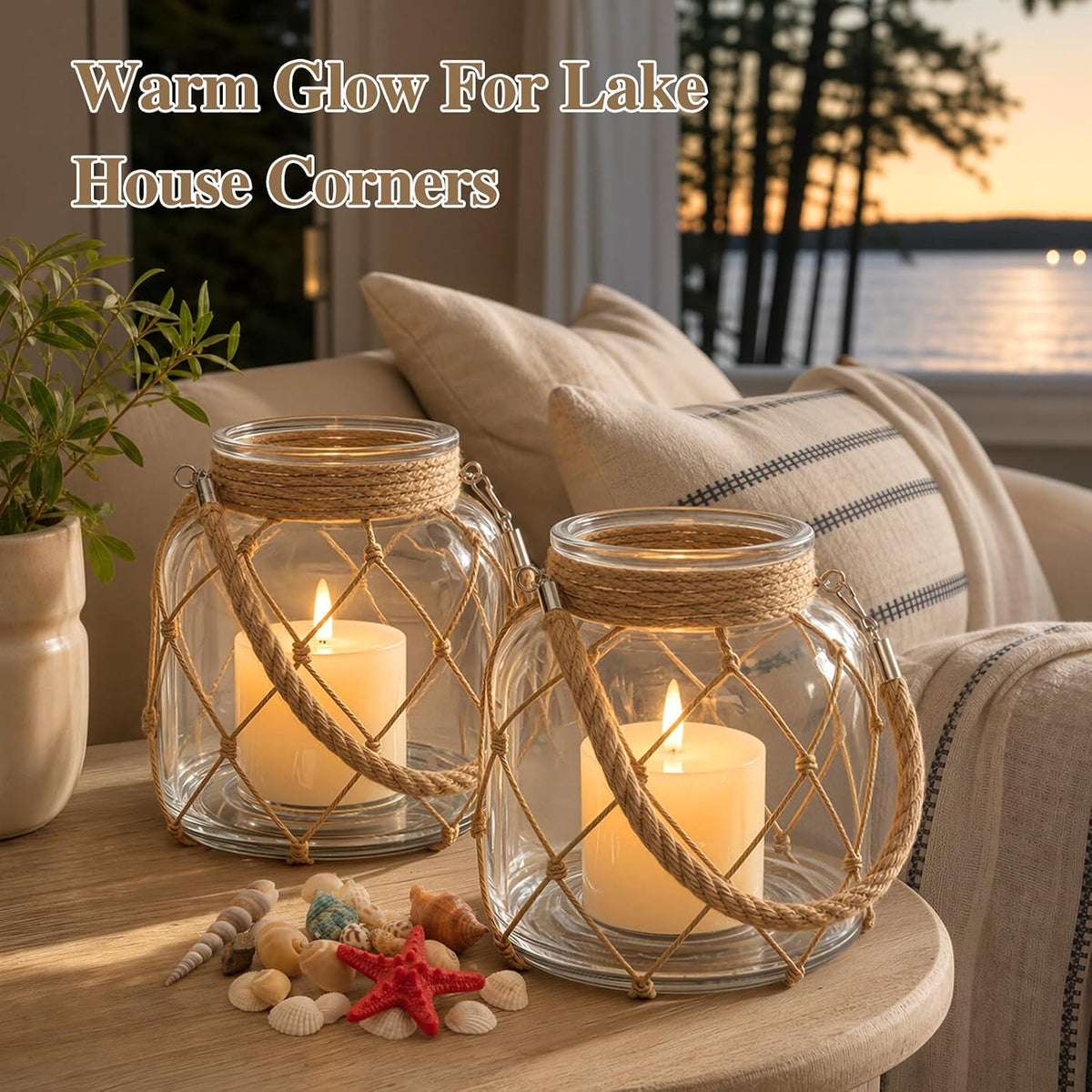 2 set of nautical candle lanterns, clear glass showing dimensions