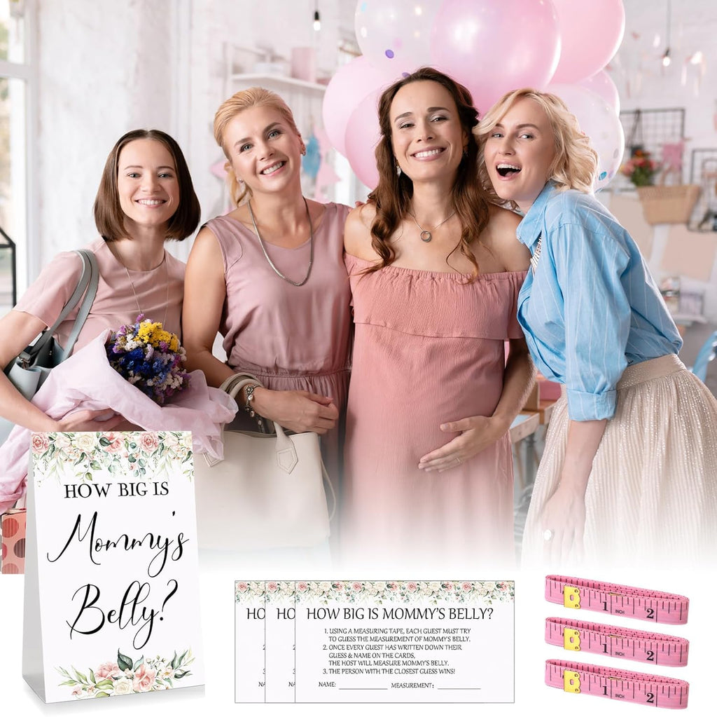 Sabary 64 Pcs Baby Shower Games Include How Big is Mommy's Belly Sign Measure Bump Game 50 Cards 10 Pencils 3 Measuring Tapes for Baby Shower Gender Reveal Party Supplies(Flower)