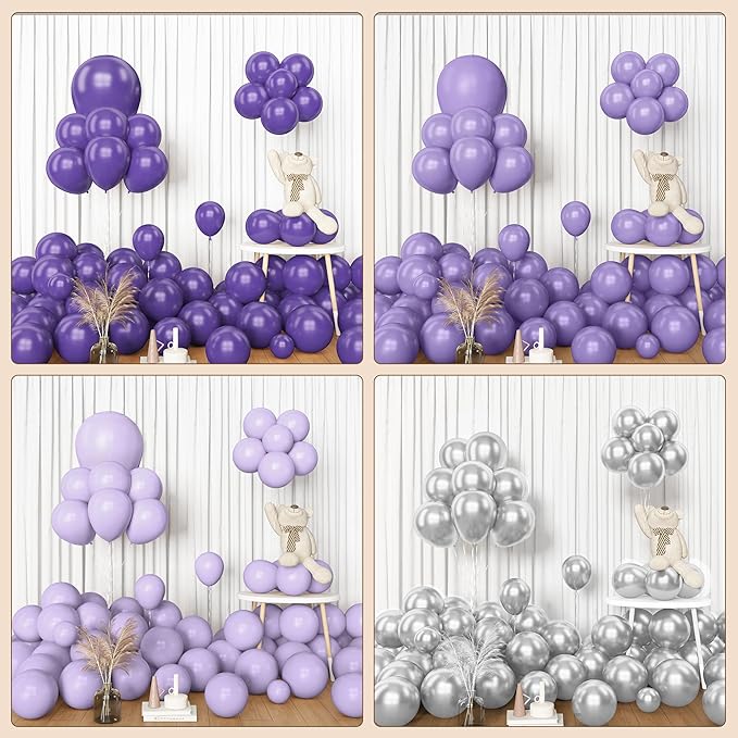 Amandir 153pcs Purple Balloon Garland Arch Kit, Different Sizes 18 12 10 5 inch Lavender Latex Metallic Confetti Silver Balloons for Girls Women Wedding Birthday Baby Shower Party Decorations Supplies