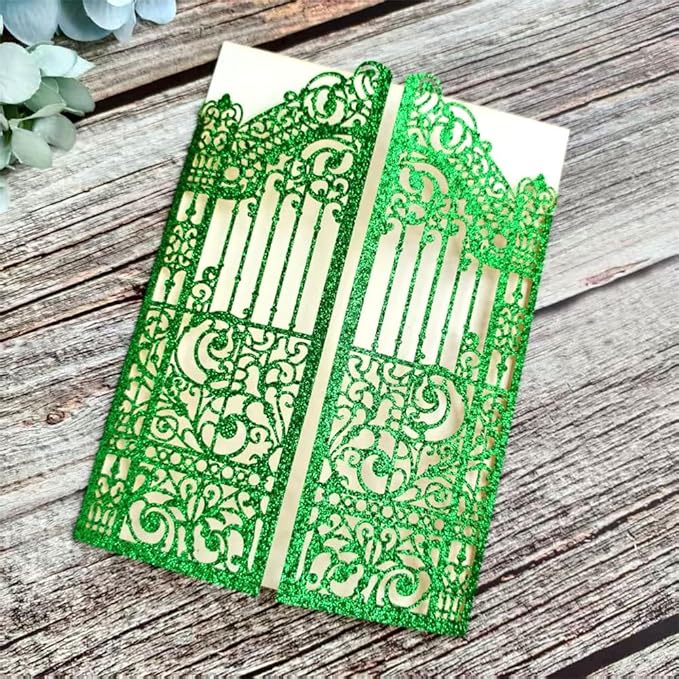 MillaSaw Glitter Green Gate Invitation Sleeve, Laser Cut Catle Invitation For Quinceanera Ball Wedding Bridal Shower Valentine Birthday Christmas 25 Sets (green glitter, 4.9"x7.1")