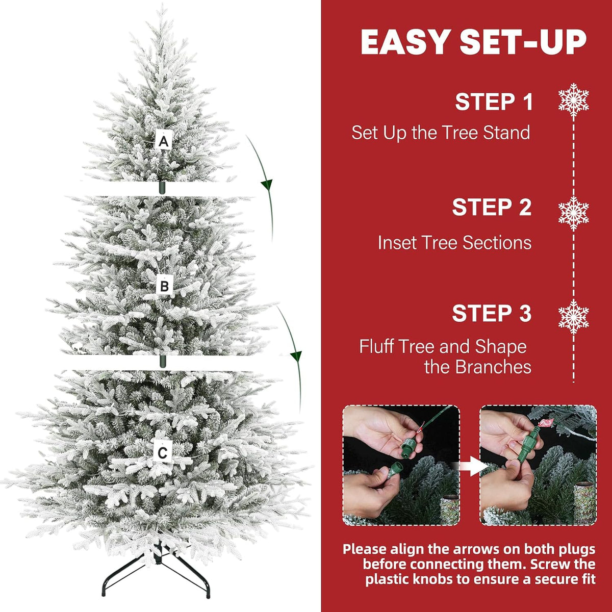 hykolity 7.5 ft prelit flocked christmas tree with, close-up detail