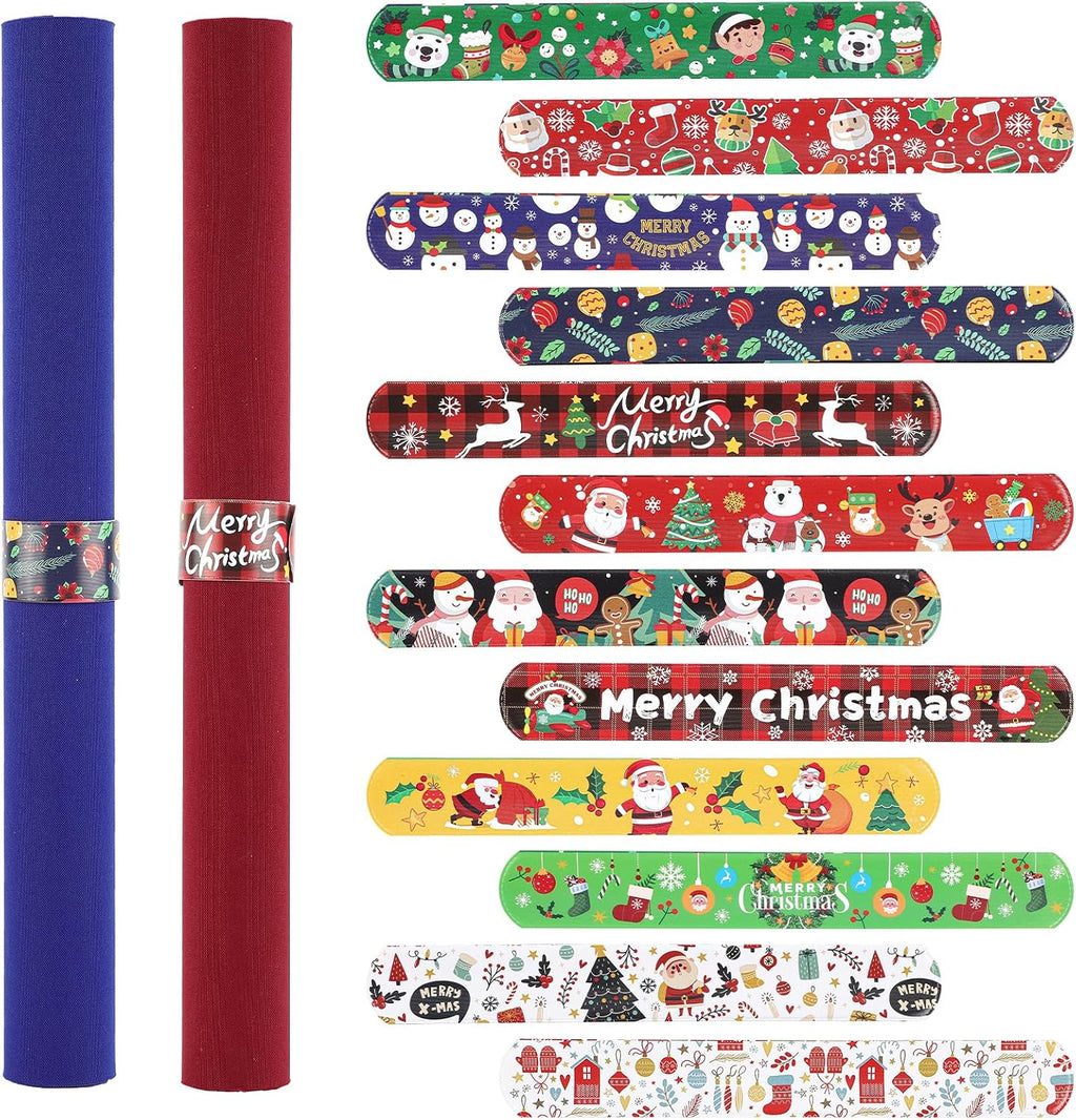 XIHIRCD 12pcs Christmas Wrapping Paper Roll Holder Clips, 8.7x1.2in Holiday Flip Wraps Clamps 12 Designs Stabilizer Slap Bands Gift Strips Flip Gadgets for Xmas Poster Wrapping Organization Storage