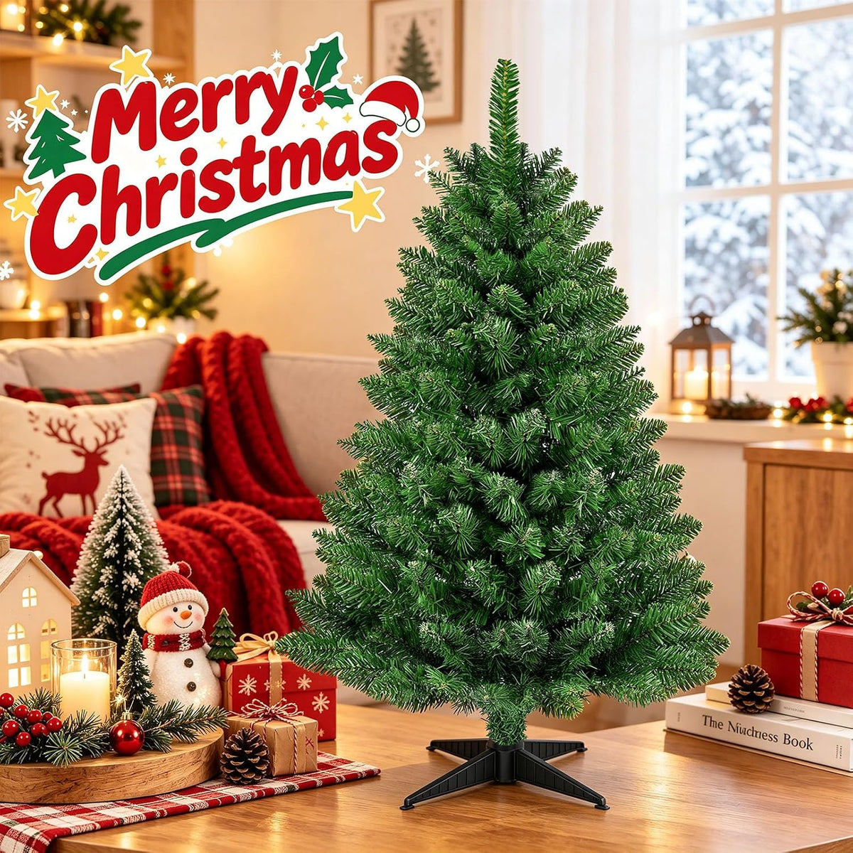 3ft artificial small christmas tree, premium pvc tips on a desk or shelf