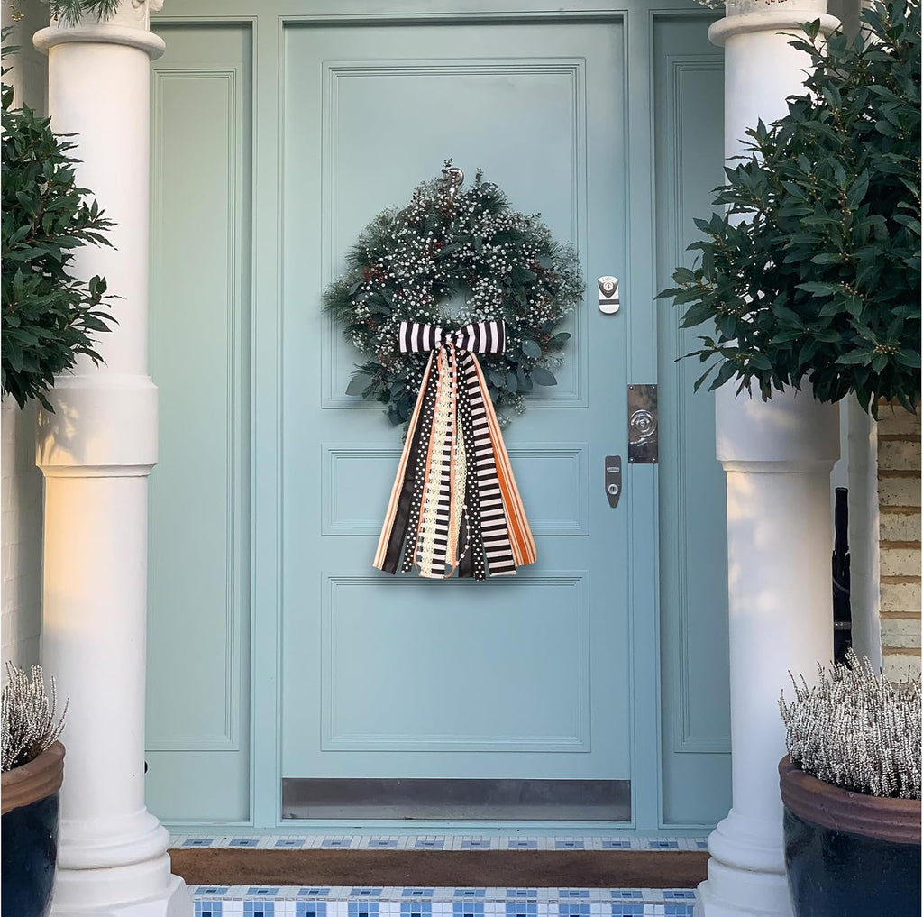 Halloween Black Stripes Wreath Bows for Front Door, Orange Lace Ribbon Bowknot Holiday Bows Accessories for Wreath Thanksgiving Decorations