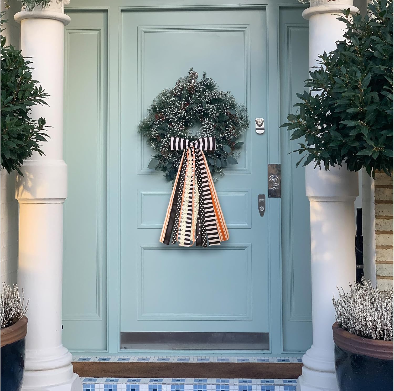 Halloween Black Stripes Wreath Bows for Front Door, Orange Lace Ribbon Bowknot Holiday Bows Accessories for Wreath Thanksgiving Decorations
