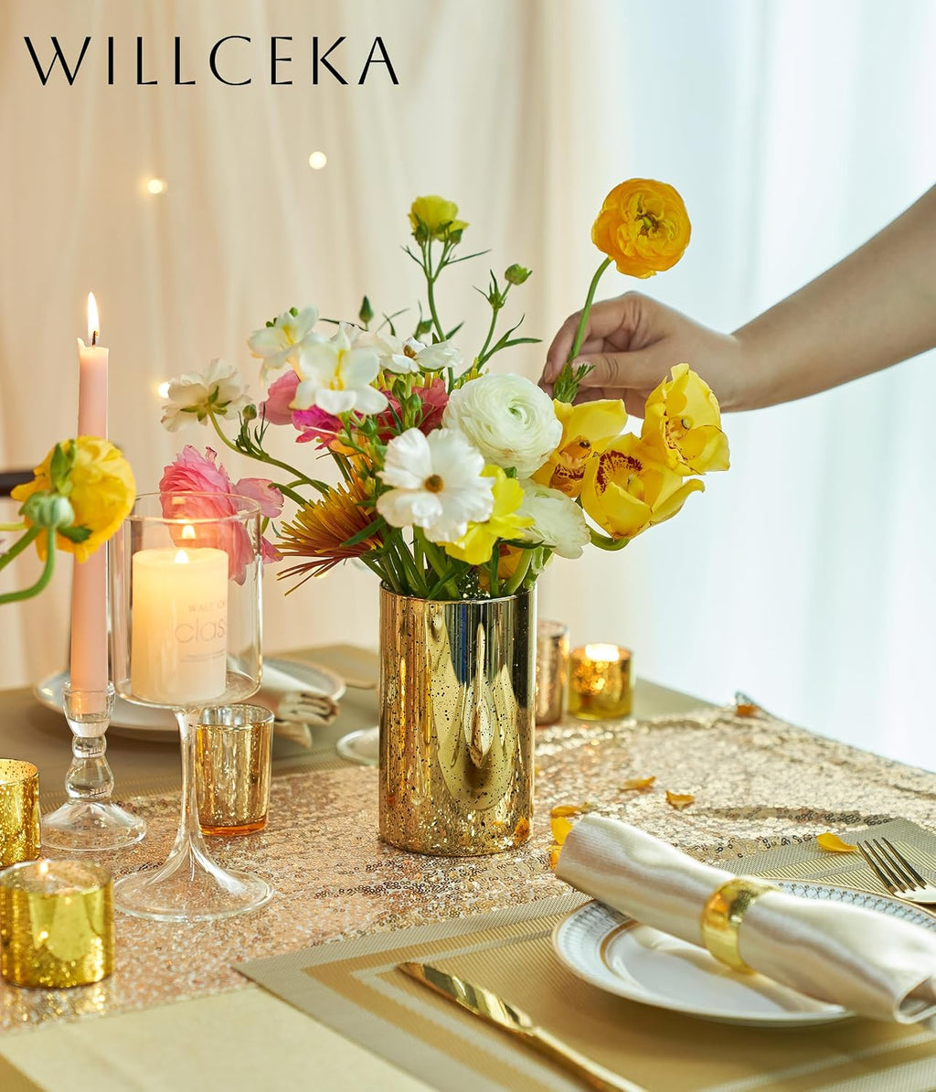 Willceka Gold Cylinder Vases for Centerpieces, Modern Glass Vase Set of 12 Decorative Hurricane Candle Holder for Pillar Candle Holders Flowers for Table Centerpiece