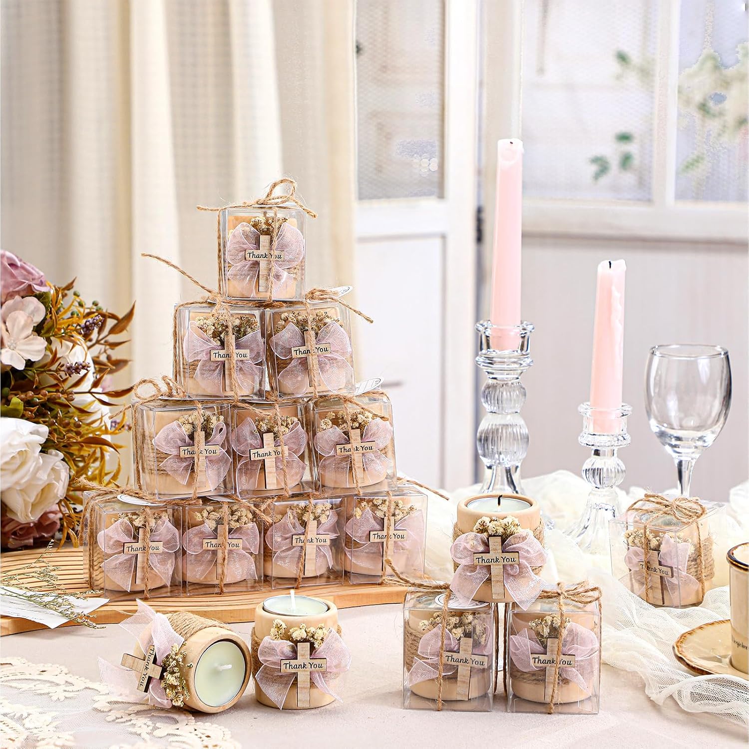 MTLEE 16 Pack Wooden Tealight Candle Holders Kit Guest Gifts for Wedding Baby Shower The First Communion Baptism Christening Housewarming Party Handmade Thank You Candle with Card Box Rope (Cute)