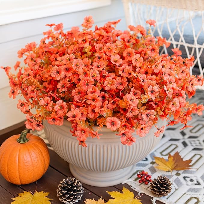 HyeFlora Artificial Fall Flowers Faux Mums for Outdoor Indoor Garden Home Decoration, Faux Flower Daisy with Eucalyptus Leaves Fake Mums Plants Greenery Boxwood Porch Patio, 12 Bundles (F Orange)