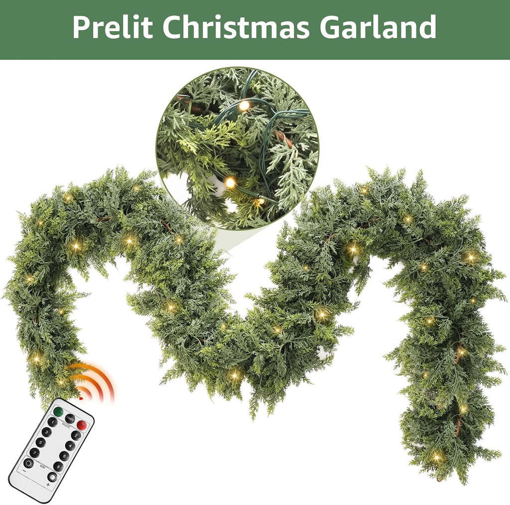 9ft prelit christmas garland with lights battery operated, close-up detail