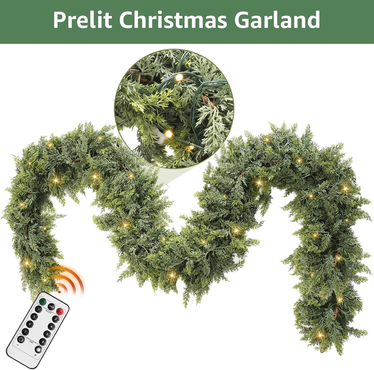 9ft prelit christmas garland with lights battery operated, close-up detail