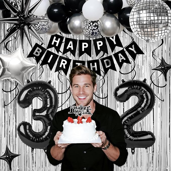 32nd Birthday Decorations for Men Women, Black Silver Happy Birthday Party Decorations， 32 Year Old Party Supplies with Number 32 Balloons, Banner, Fringe Curtains Kit