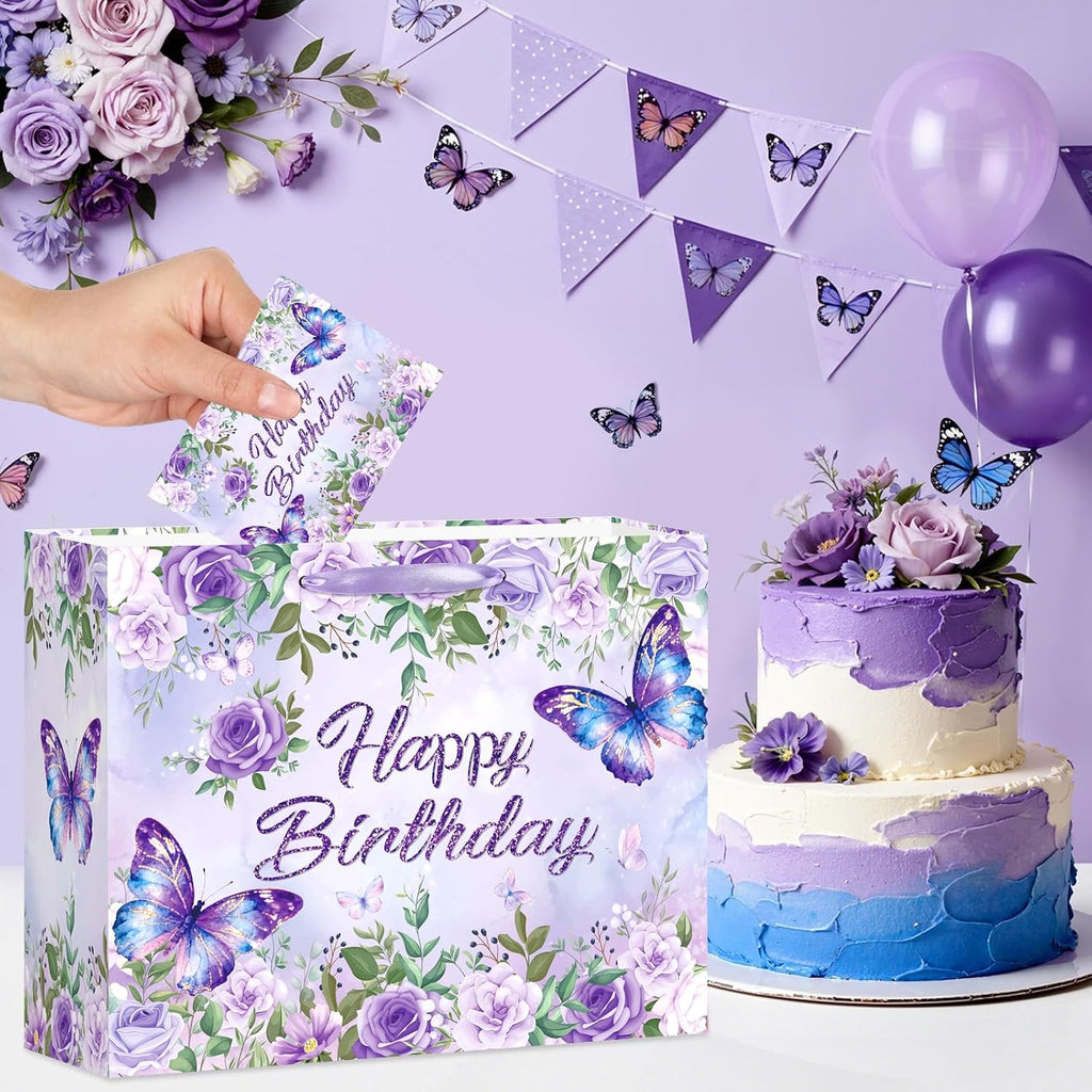 LUUFILx Butterfly Birthday Gift Bag for Girls Women Butterfly Flower Party Favor Bags with Wrapping Paper Card Purple Pink Floral Gift Bag for Baby Shower Birthday Decorations Party Supplies (Floral)