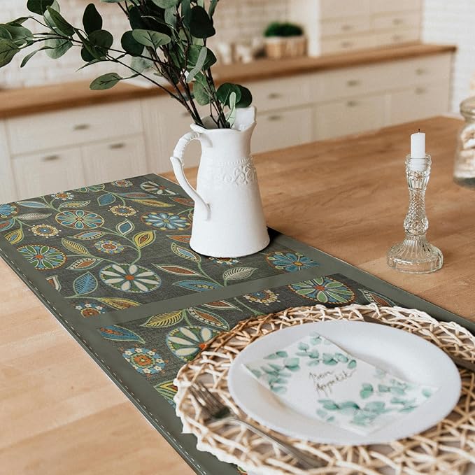 Snycler Table Runner Boho Table Runners Vintage Elegant Farmhouse Table Center Linen Decor for Home Dining Party Entrance (13x72 Inch) Gray&Green