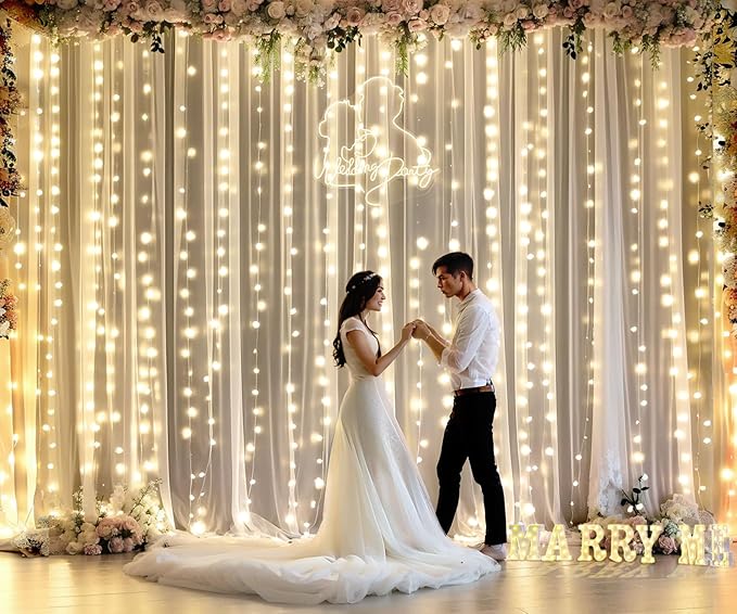 Champagne Tulle Photo Backdrop Curtain with Lights String for Parties Wedding Bridal Shower Sheer Champagne Curtain Backdrop for Birthday Baby Shower Photo Booth Photography 20ft x 8ft