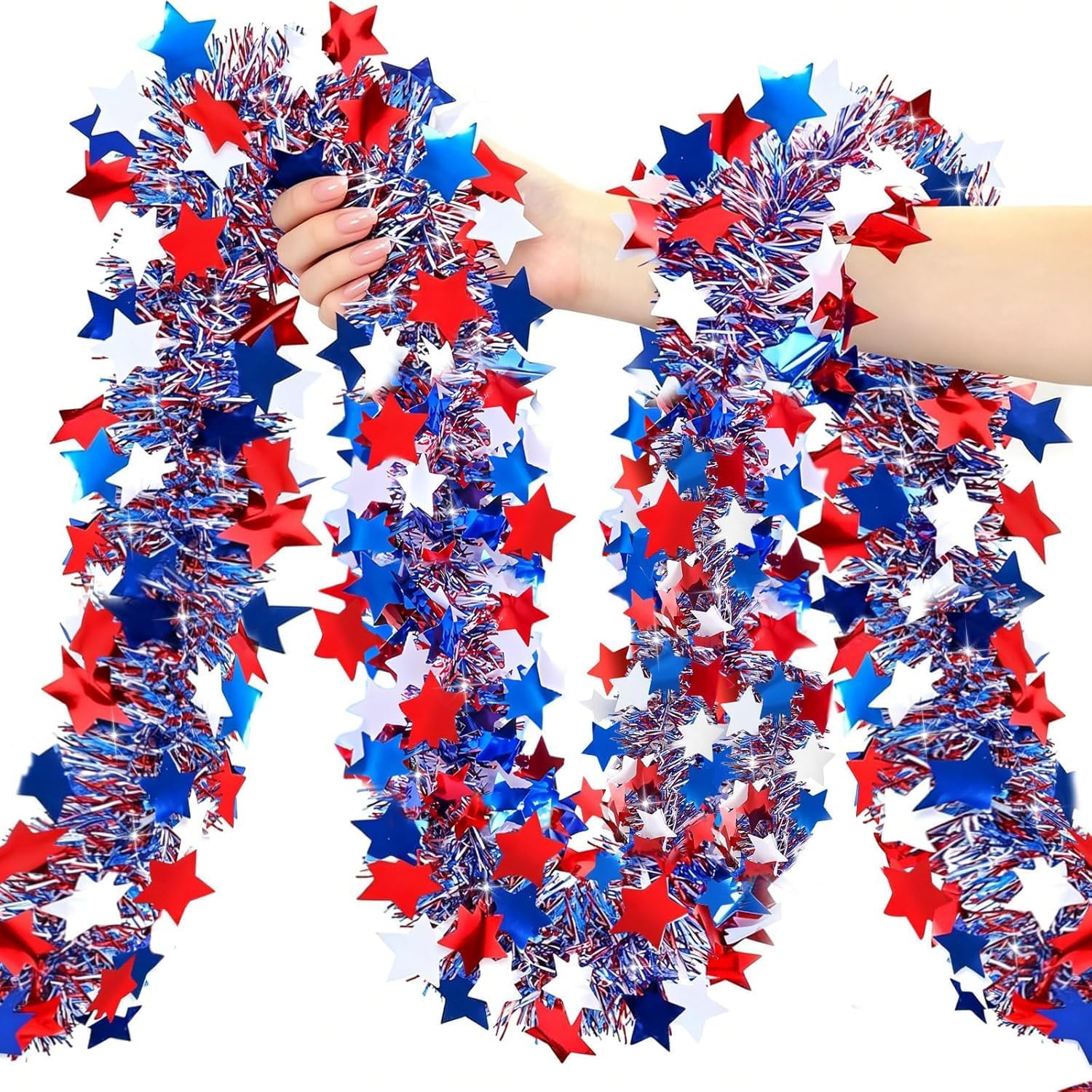 50 Ft Patriotic Star Garland, Red White Blue Metallic Tinsel with 5-Pointed Stars, 4th of July & America 250th Anniversary Decorations for Independence Day Party Mantle Porch Fireplace | Shiny Metallic Tinsel Star Garland