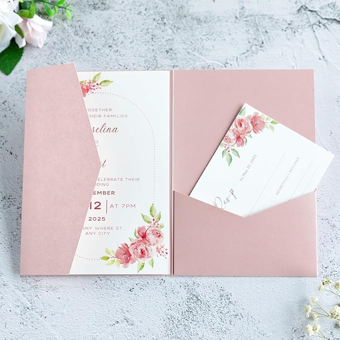 20 PCS Blush Pink Tri-fold Laser Cut Wedding Invitation Pockets for 5x7 Wedding Cards Bridal Shower Engagement Quinceanera Invitation