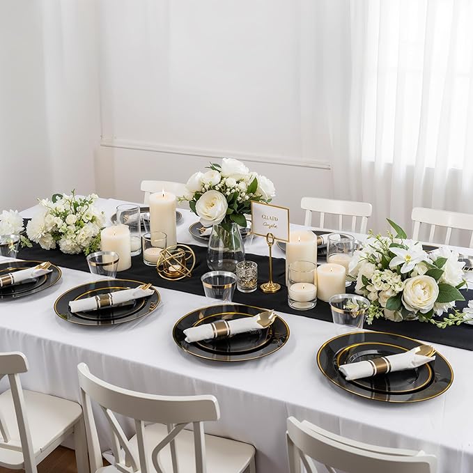 SUT 350 Pcs Black and Gold Plastic Dinnerware Set for 50 Guests, Include: 50 Dinner Plates, 50 Dessert Plates, 50 Pre Rolled Napkins With Silverware, 50 Cups, Disposable Plates for Halloween, Party
