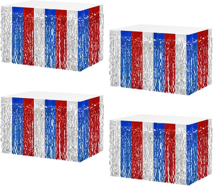 4P Wavy Metallic Tinsel Foil Fringe Table Skirts for Rectangle Tables Backdrop Garland Curtains for Parade Floats Wedding Birthday Parties Decoration Graduation 2025 Christmas (Red Blue White)