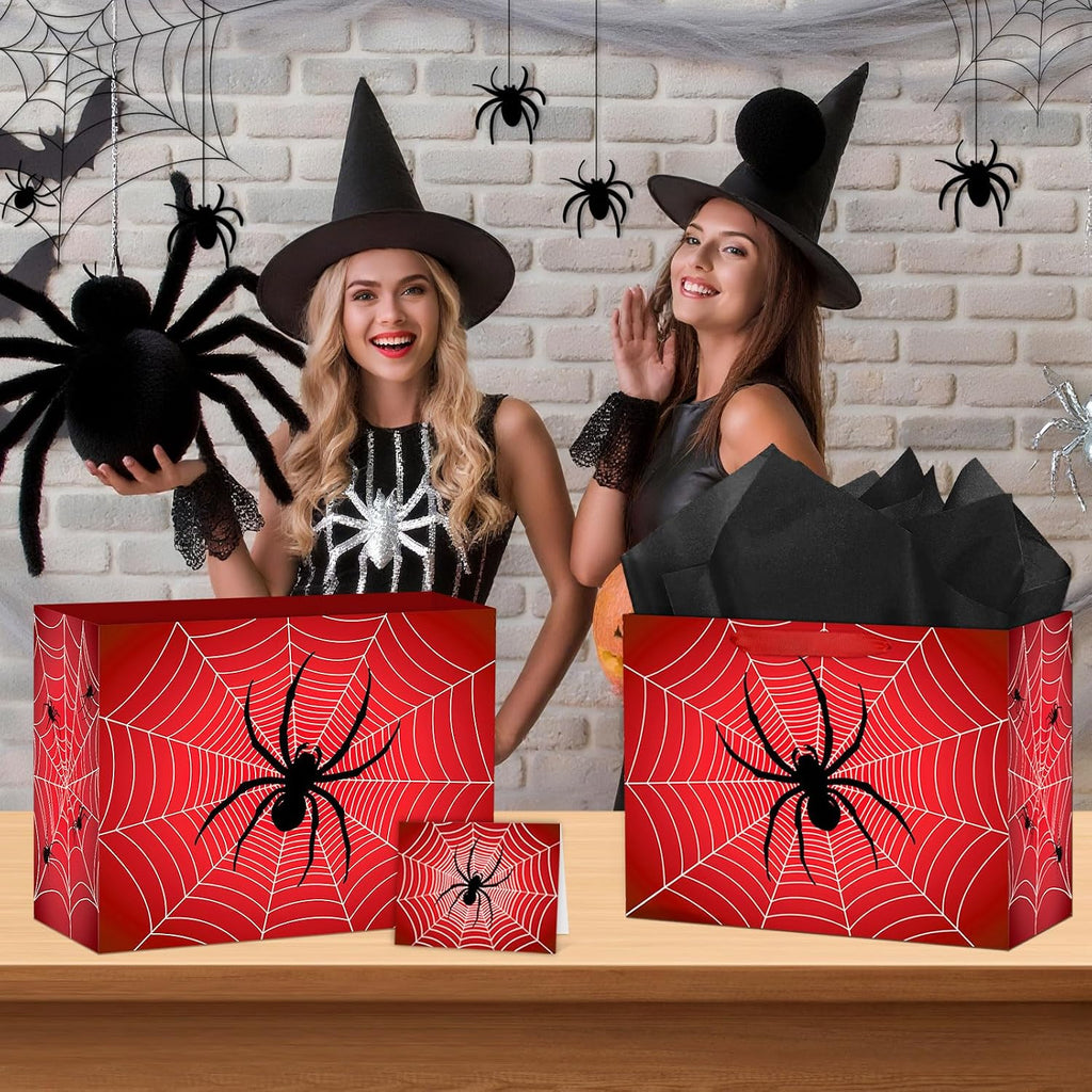 Hooqict Spider Birthday Gift Bag with Handles, Wrapping Paper, Greeting Card for Boys Kids Men Goodie Treat Party Gift Box Black Red Spider Web Birthday Decorations Halloween Bag