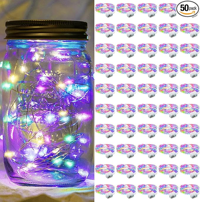 50 Pack Fairy Lights 7Ft 20 LED Twinkle String Lights 3 Modes Battery Operated Waterproof Firefly Starry for Mason Jar Party Wedding Christmas Valentines Day Table Centerpieces,Rainbow