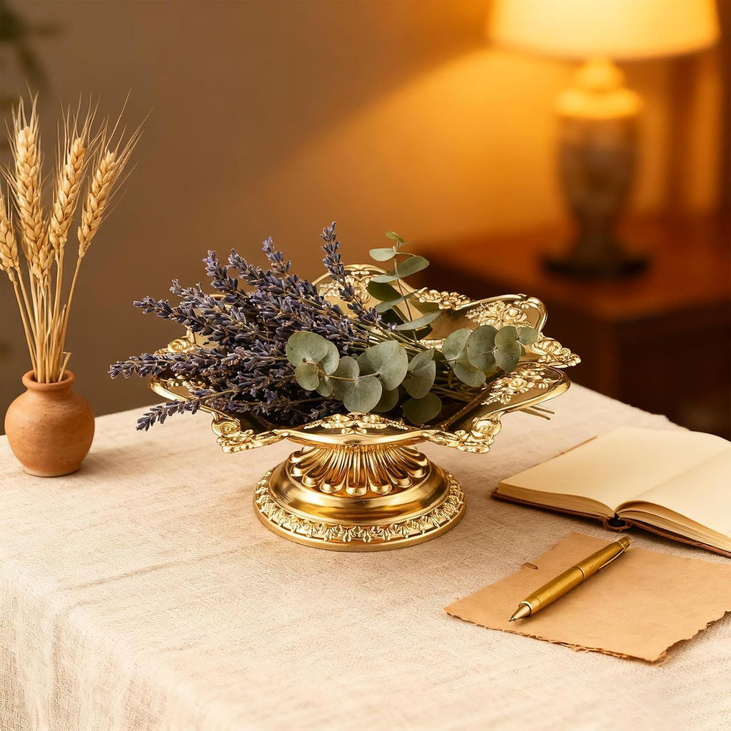 Golden Fruit Bowl for Kitchen Counter, Christmas Decorative Bowl for Home Decor, Serving Tray for Candy Dish Pedestal Floating Flowers Diwali Candles, Buddhist Offering Plate