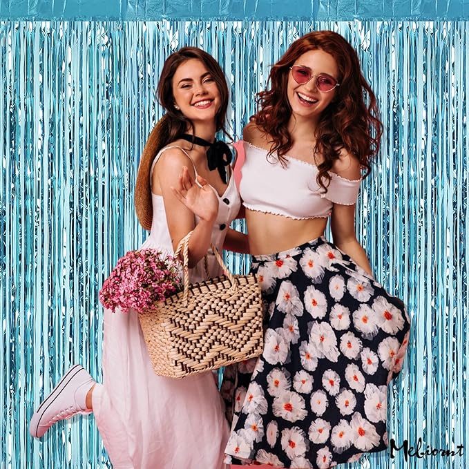 4 Pack Fringe Curtain Backdrop, 3.2Ft x 6.6Ft Light Blue Metallic Tinsel Foil Fringe Streamers Background for Photo Booth Birthday Wedding Baby Shower Easter Pool Ocean Underwater Party Decorations