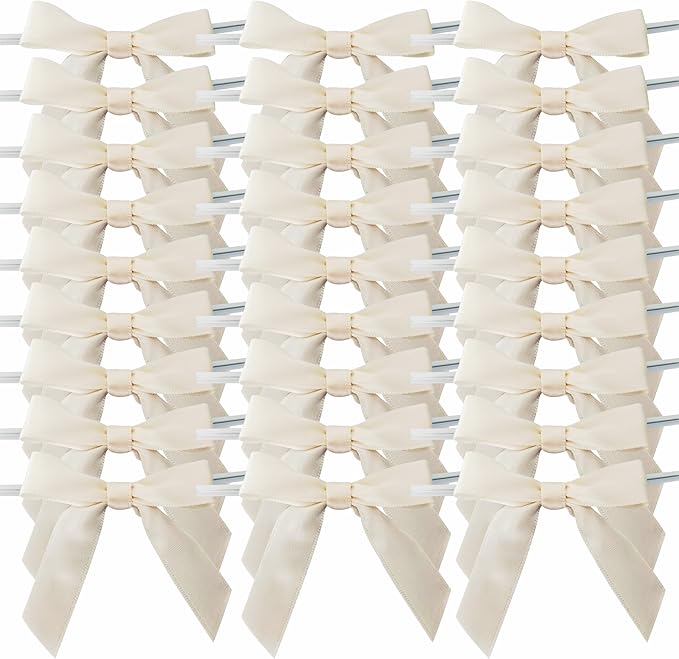 50pcs 2-1/2" Mini Satin Ribbon Bows with Twist Ties for Crafts Gift Wrapping Packing Christmas Decoration (2.5"-Ivory)