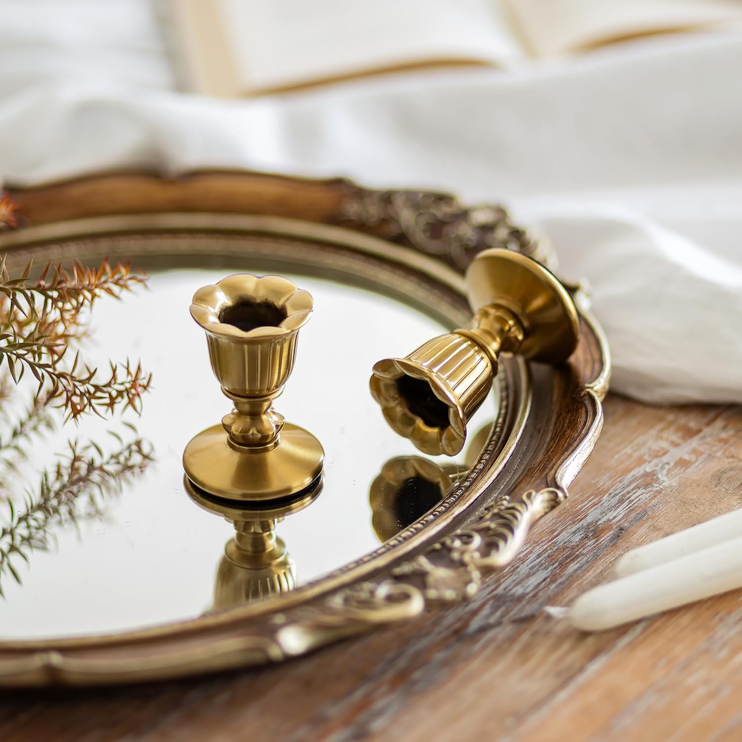 Vintage Candlestick Candle Holders Brass - Romadedi Taper Gold Candle Stick Victorian Style for Table Centerpiece Wedding Festive Christmas Mantel Decoration or Home Decor Set of 2