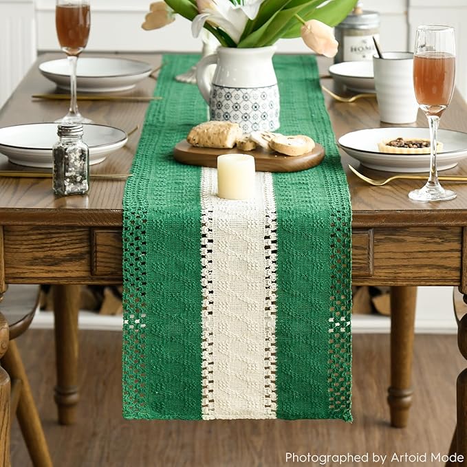 Artoid Mode Dark Green Farmhouse Rustic Table Runner, Seasonal Hollow Kitchen Dining Table Decoration for Home Party Decor 12x72 Inch