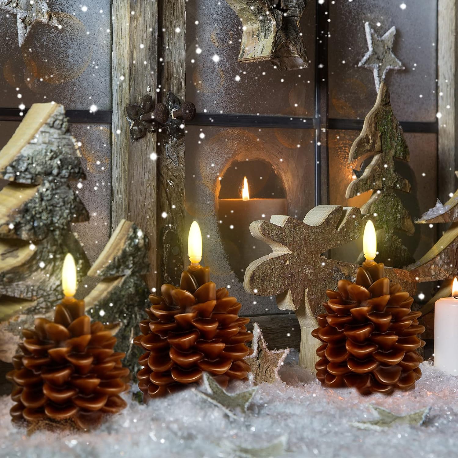 Hortsun 4 Pieces Christmas Pinecone Candles Flameless Acorn Decor LED Pinecone Candle Decor Real Wax Unscented Battery Operated Candle for Thanksgiving Christmas Winter Holiday Decoration(Brown)