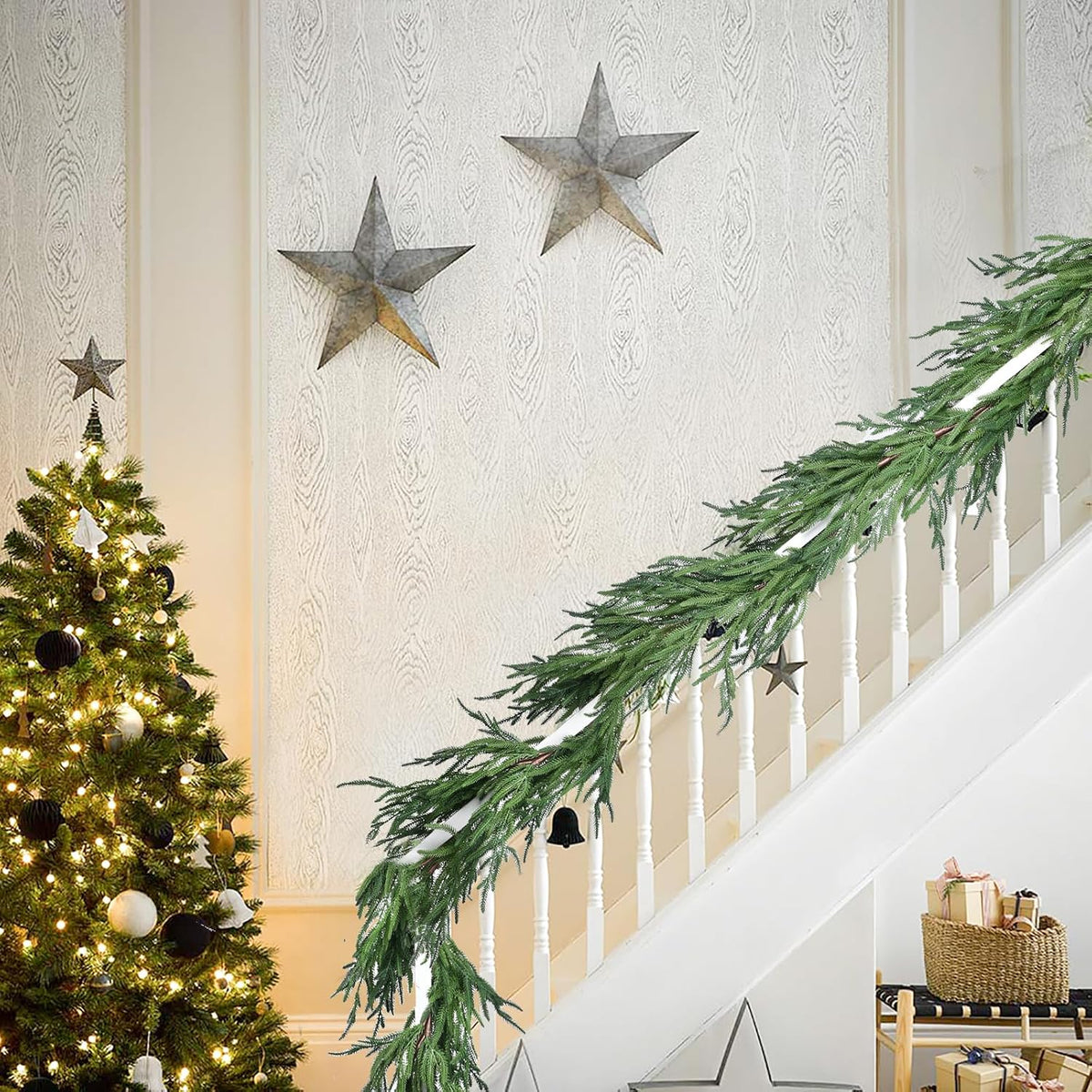christmas norfolk pine garlands, realistic artificial faux greenery, close-up detail