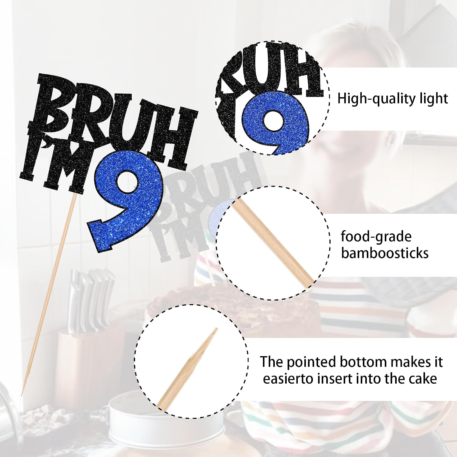 1 PCS Bruh I'm 9 Cake Topper Glitter Happy 9th Birthday Cake Pick Bro I'm 9 Cake Decoration It's My 9th Birthday Decorations for Cheers to 9 Years Old Birthday Anniversary Party Supplies Blue
