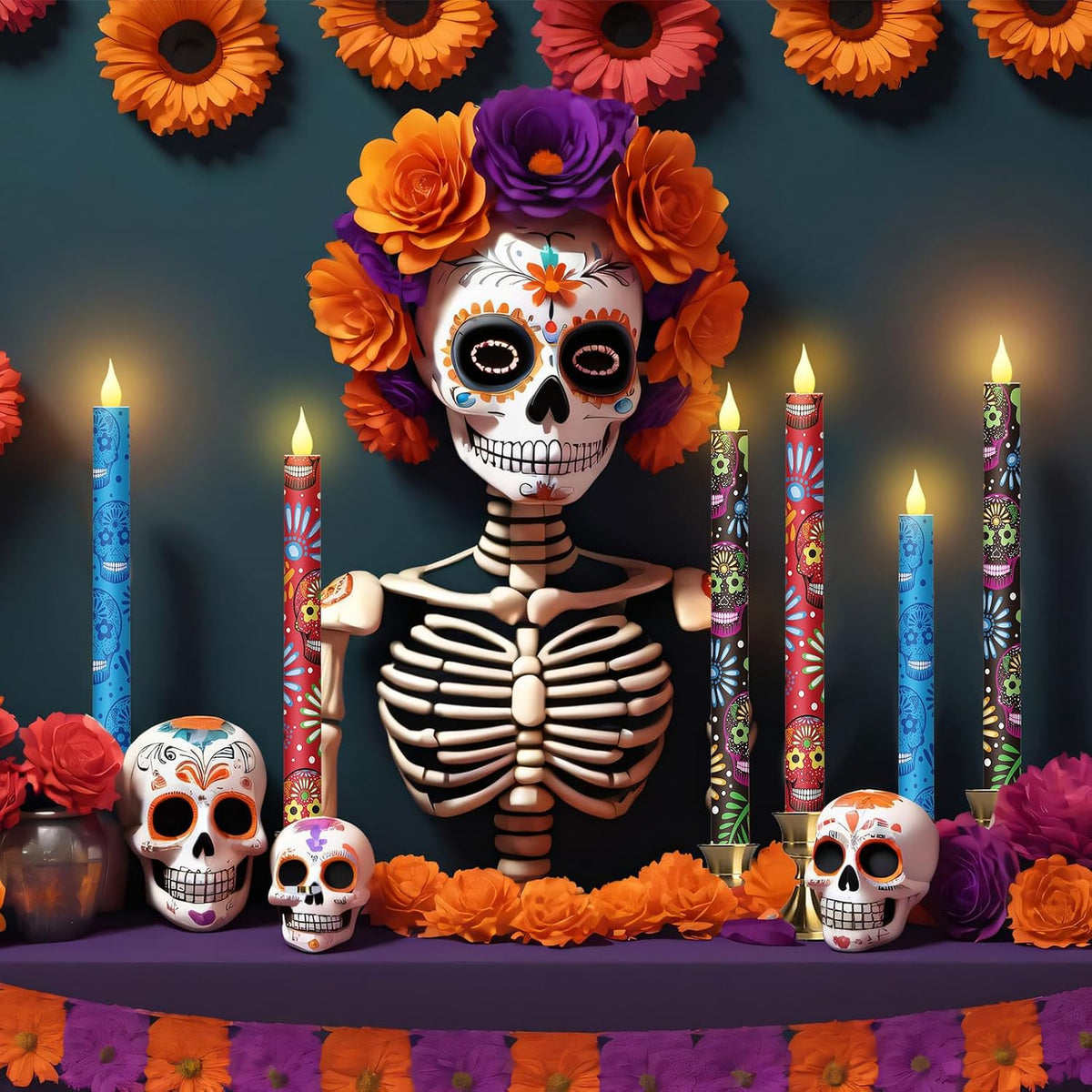 Honoson 6 Pcs Dia De Los Muertos Flameless Taper Candles, Battery Operated