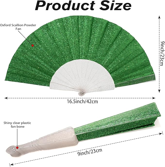 12 Pack Handheld Fan,Folding Hand Glitter fan with Shining Transparent Fan Rib – Ideal for Wedding, Church, Festival, Dance, Tea Party, Club, and EDM Accessories, Light green