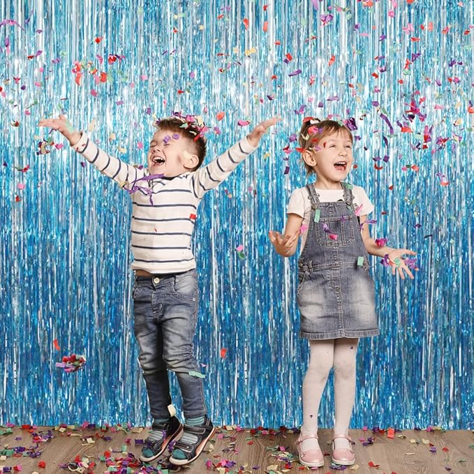 GOER 6.4 ft x 8.2 ft Metallic Tinsel Foil Fringe Curtains,Pack of 2 Party Streamer Backdrop for Birthday,Graduation Decorations and New Year Eve (Light Blue)