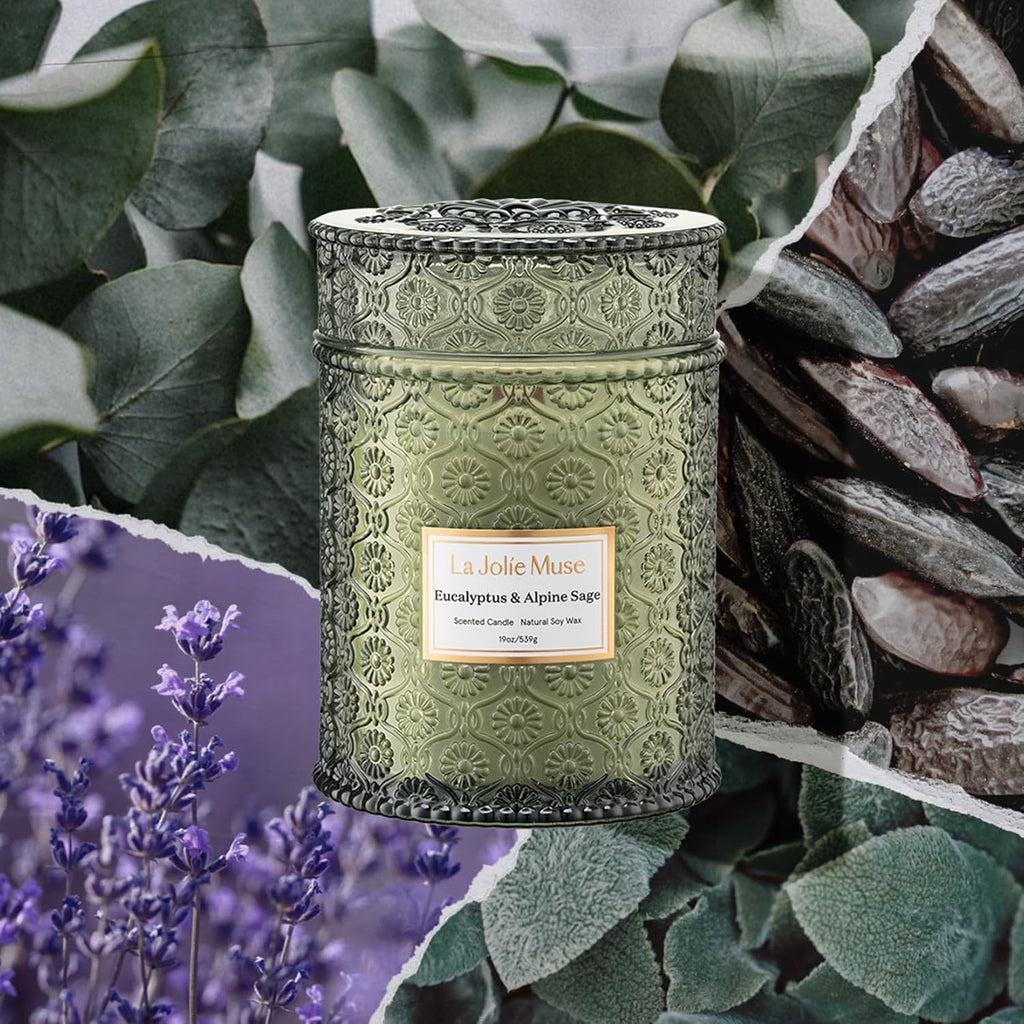 LA JOLIE MUSE Eucalyptus Sage Fresh Scented Candles for Home, 19 oz Soy Wax | Large Jar Luxury Candle, Clean Non Toxic, Gift for Women & Men, Relaxing Aromatherapy Candle, Decorative Candles, Wood Wick