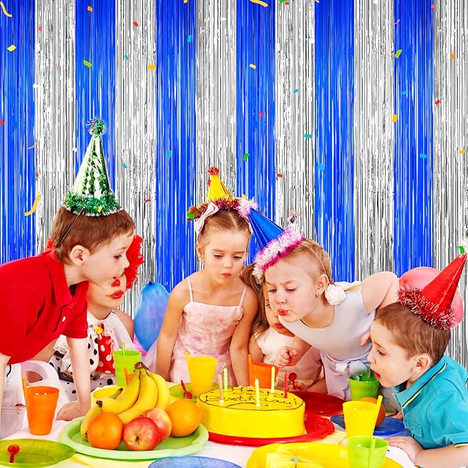 Silver and Blue Tinsel Backdrop Foil Fringe Curtains, 2Pack Birthday Door Decorations Photo Backdrop, Party Streamers Supplies for Bachelorette, Graduation, Christmas, Disco Decor New Year Decorations