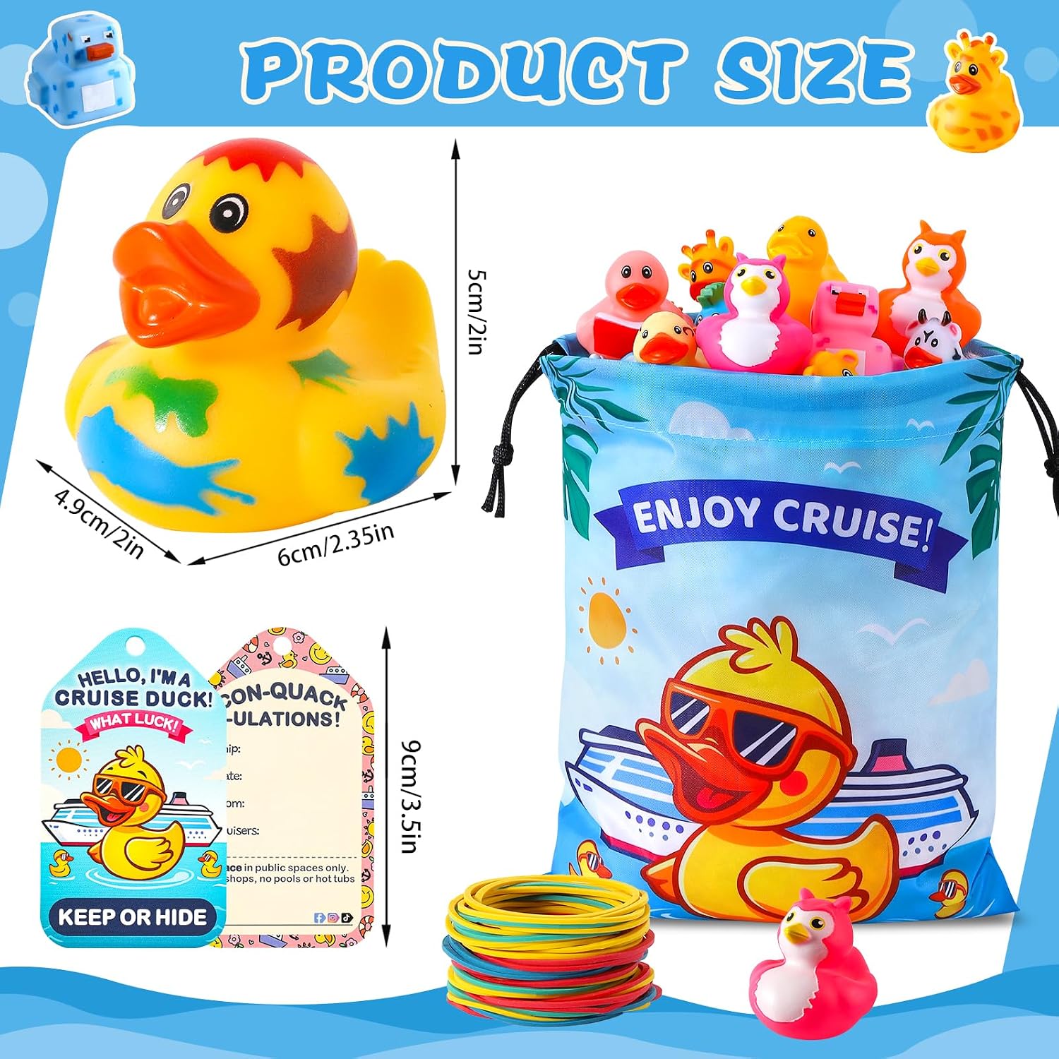 100 Pcs Cruise Rubber Ducks Kits Include 30 Cruise Ducks with 30 Cruising Duck Tags 40 Rubber Bands and 1 Duck Bag, Bulk Ducks for Cruise Ships Hiding Carnival Ducking Cruise Essentials