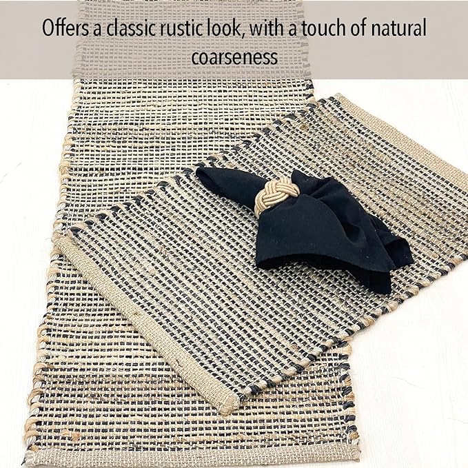 Chardin home Natural Jute Table Runner 13x48 Inch – Vintage Boho Rustic Table Decor – Handwoven Table Runner in Natural Jute and Black – Farmhouse Dining or Console Table Accent