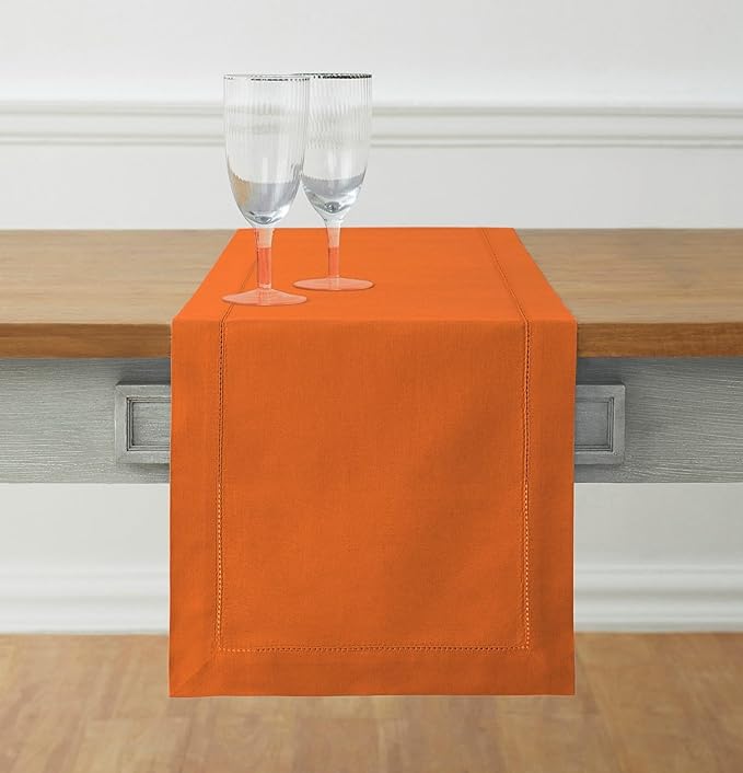 Solino Home Cotton Linen Pumpkin Table Runner 108 Inches Long - Hemstitch 14 x 108 Inch Table Runner for Fall, Autumn, Halloween, Thanksgiving, Holiday - Handcrafted and Machine Washable