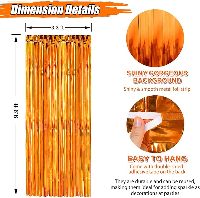 Crosize 2 Pack Foil Fringe Curtains Party Decorations, Orange Tinsel Curtain Backdrop for Parties, Door Streamers, Glitter Streamer Fringe Backdrop for Birthday Decoration