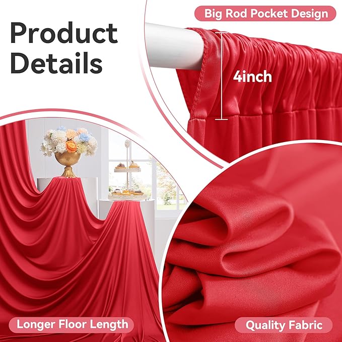 20ftx12ft Wrinkle Free Red Backdrop Curtain, 4 Panels 12FT Height Red Wedding Backdrop Drapes, Silky Polyester Back Drop Cloth for Birthday Photography Background Party Backdrop Draping